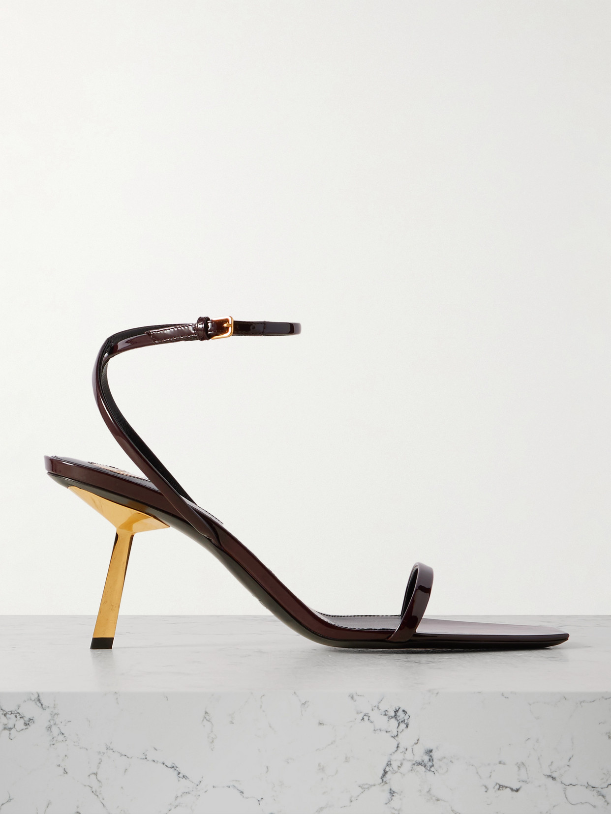 Saint Laurent Lee Patent-leather Sandals In Brown
