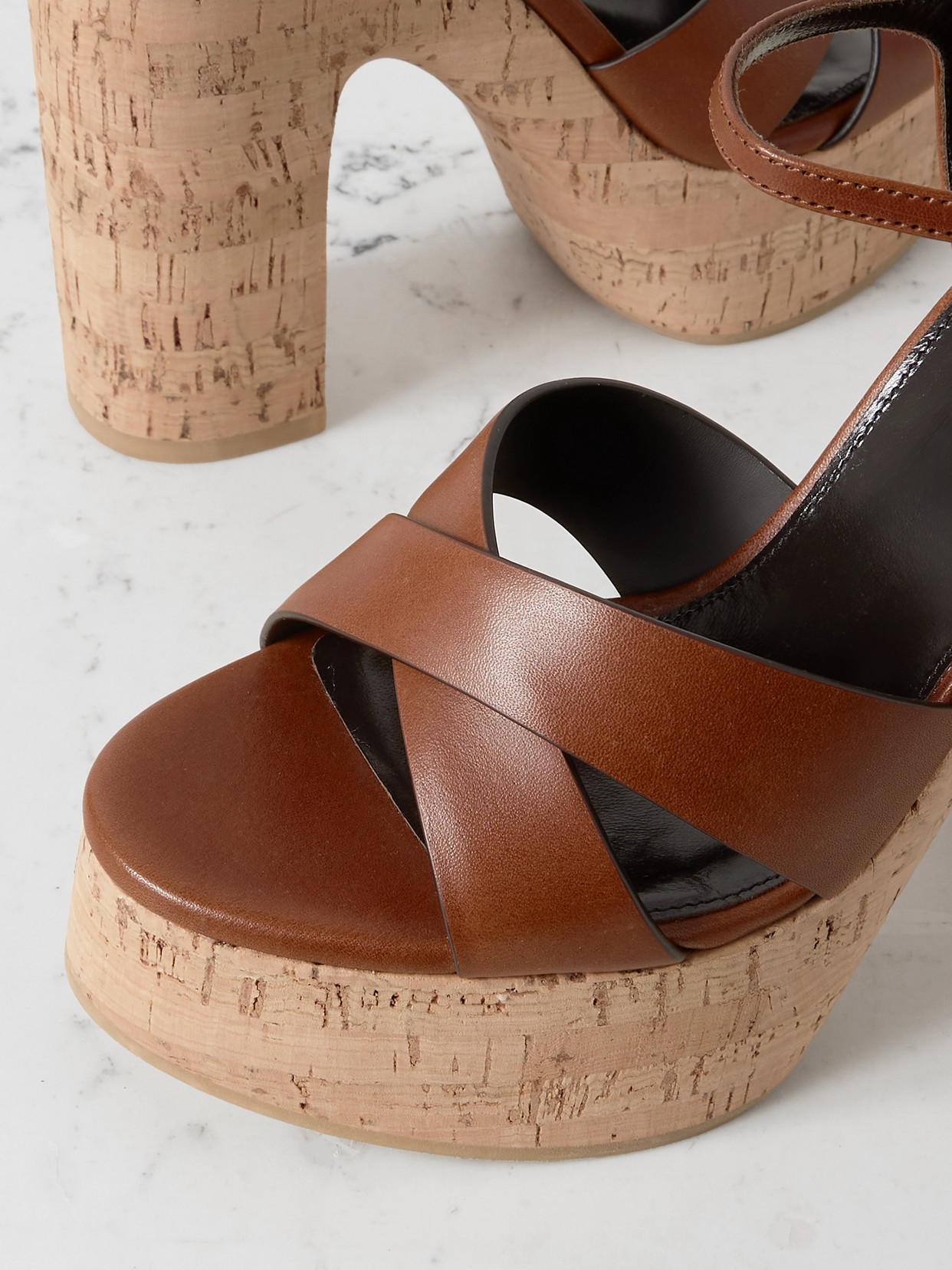 Saint Laurent Leather Bianca Platform Sandals 85 In Brown