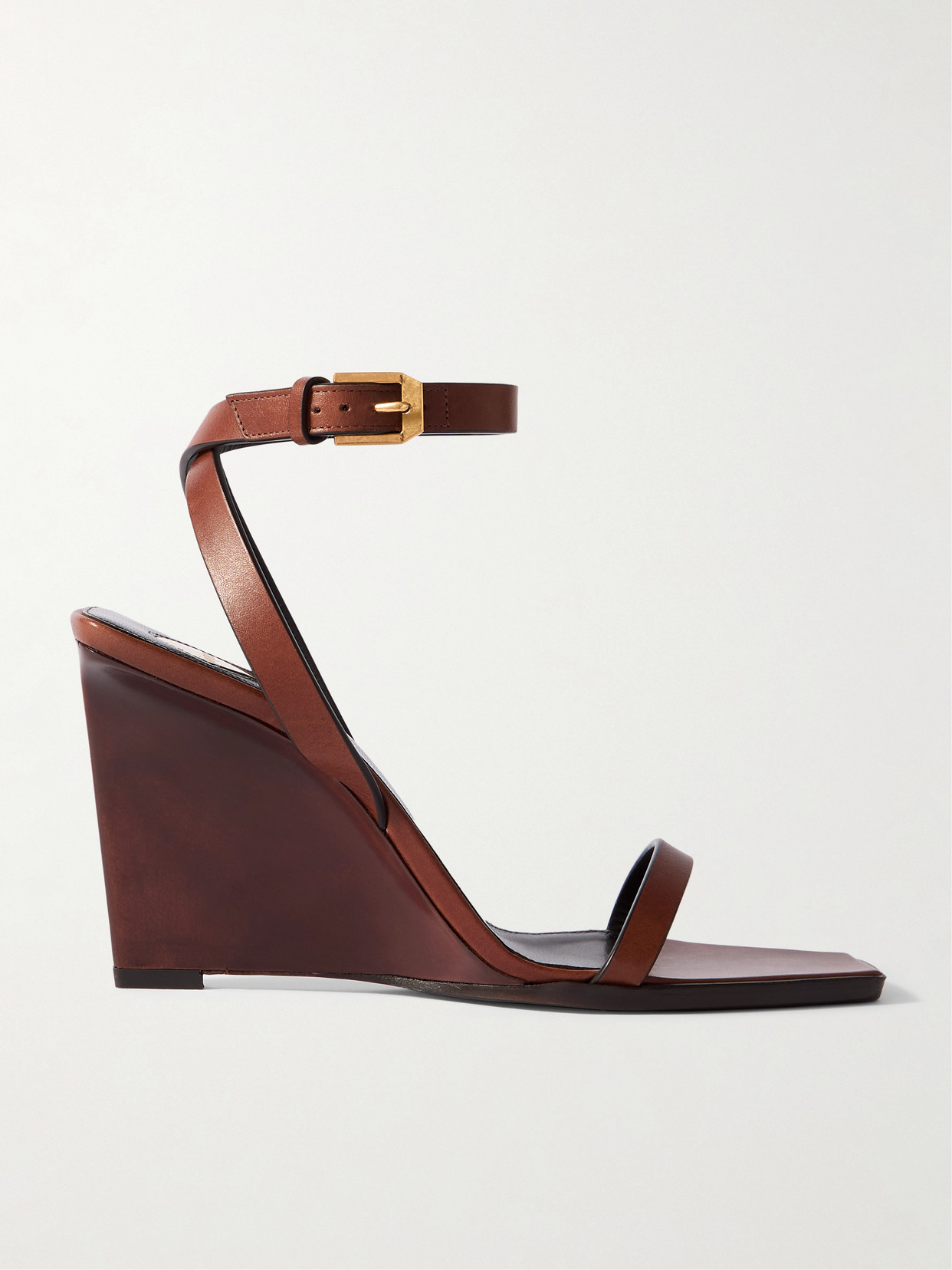 Saint Laurent 90mm May Leather Ankle-strap Wedge Sandals In Brown
