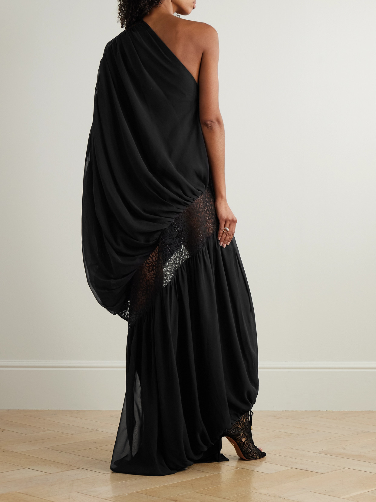 Dima Ayad One-shoulder Draped Georgette And Lace Gown In Black