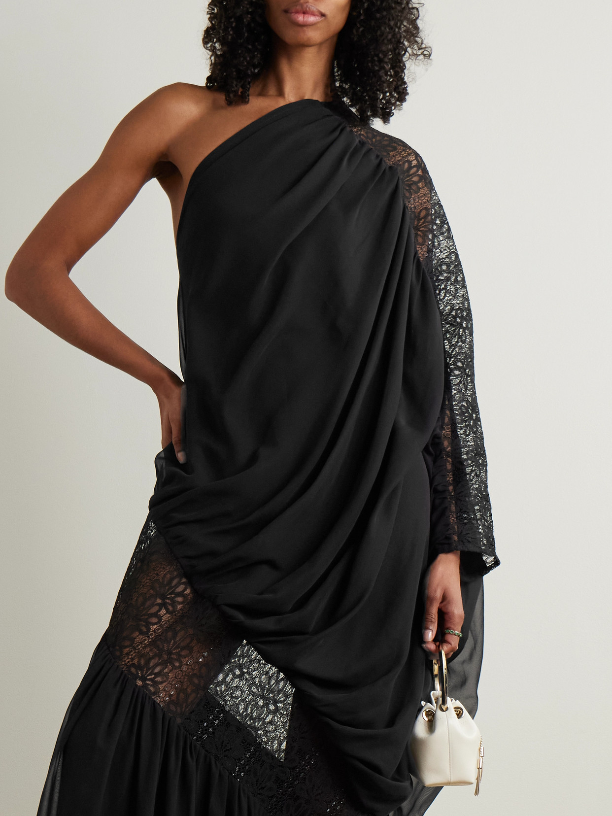 Dima Ayad One-shoulder Draped Georgette And Lace Gown In Black