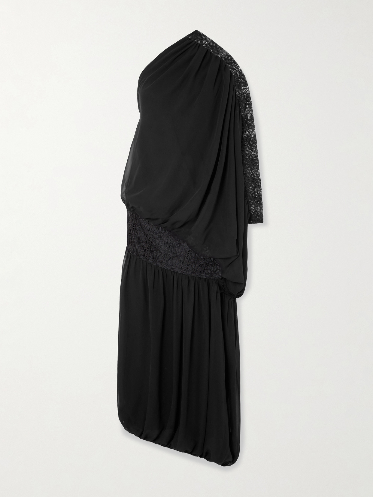 Dima Ayad One-shoulder Draped Georgette And Lace Gown In Black