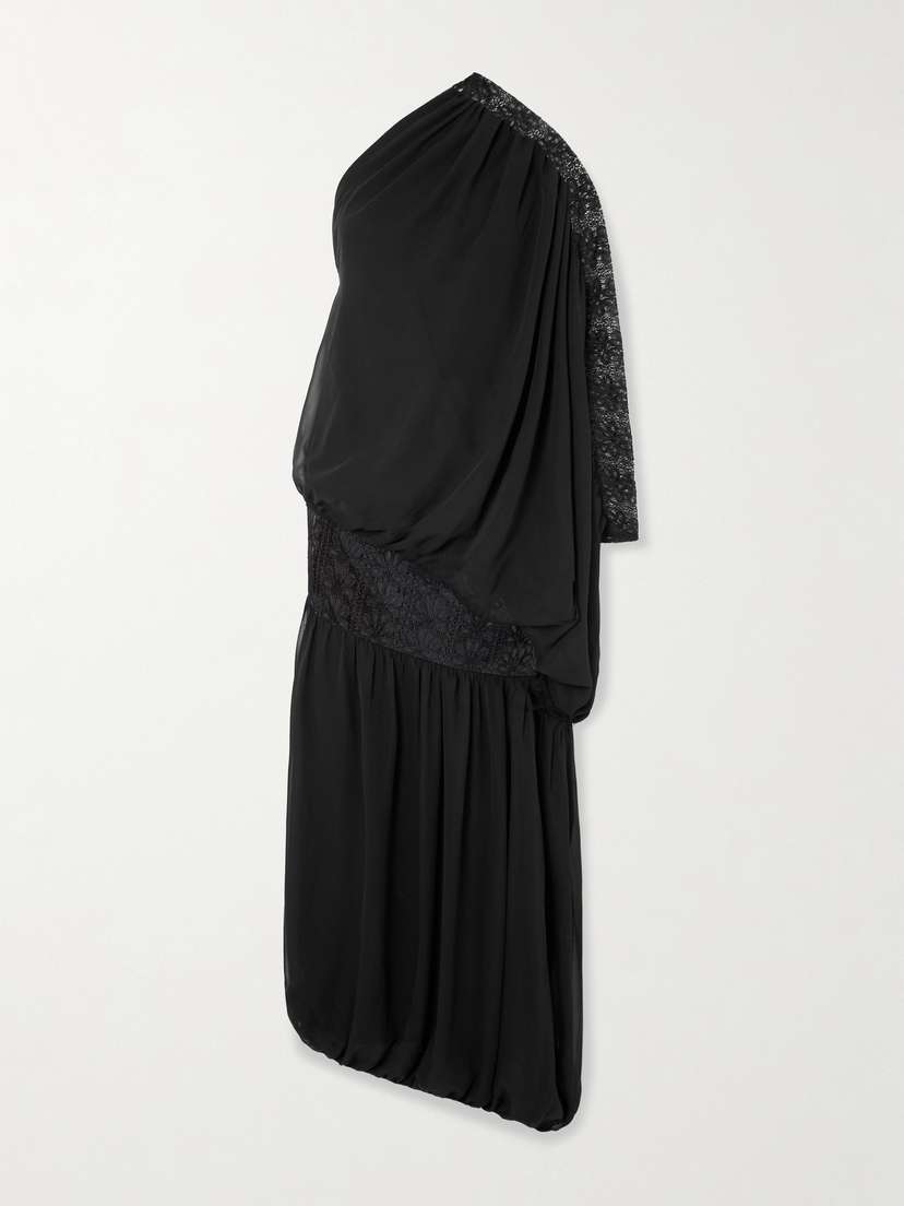 Dima Ayad One-shoulder Draped Georgette And Lace Gown