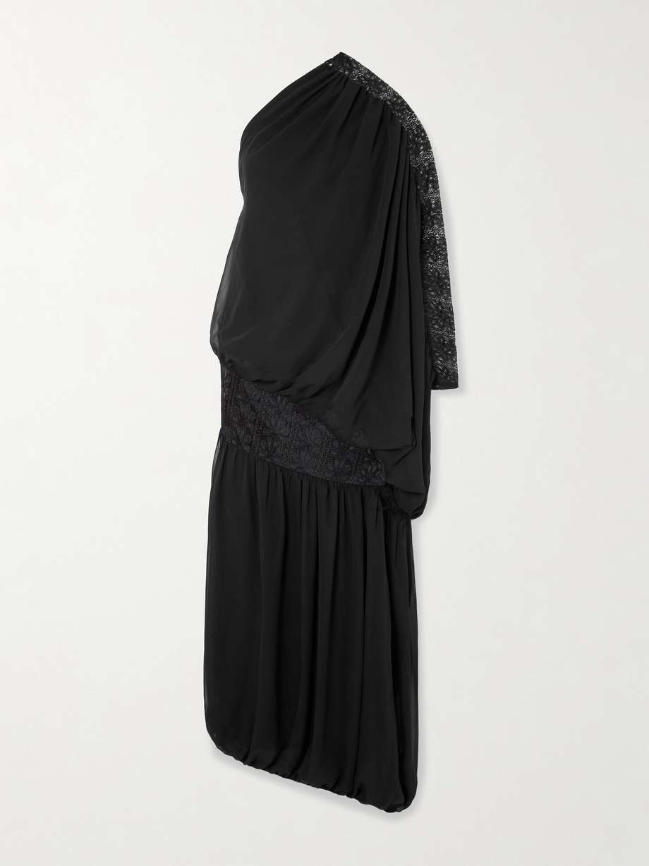 one-shoulder draped georgette and lace gown