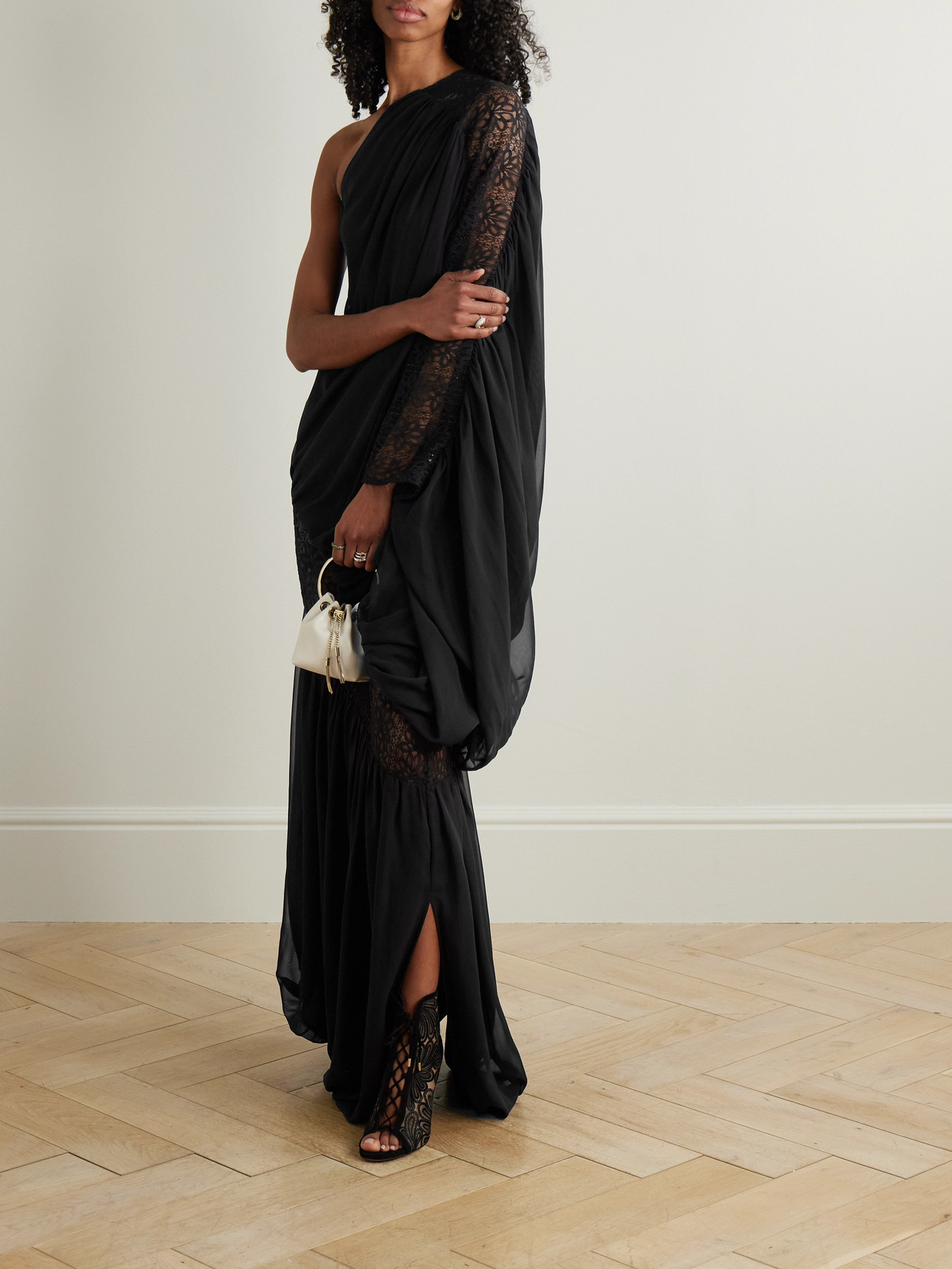 Dima Ayad One-shoulder Draped Georgette And Lace Gown In Black