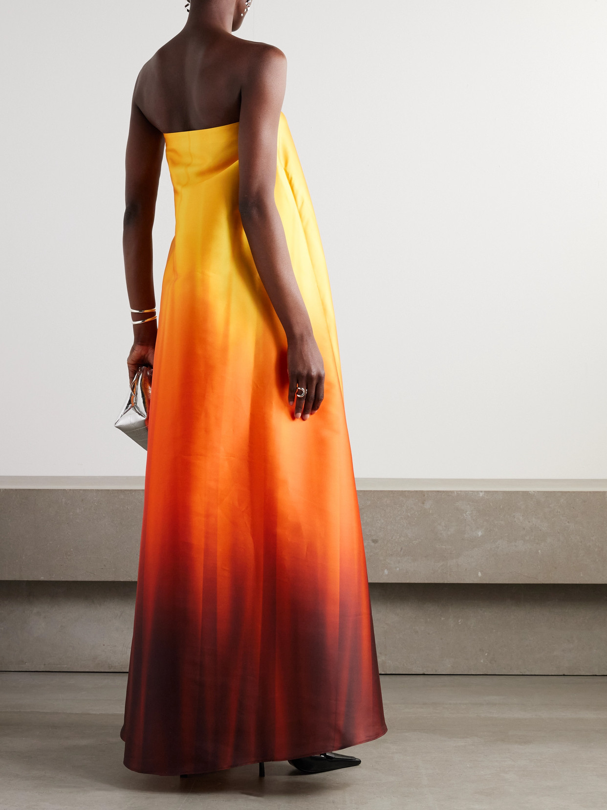 Dima Ayad Oversized Strapless Ombré Pleated Taffeta Gown In Orange