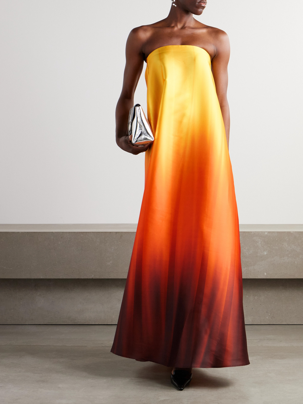 Dima Ayad Oversized Strapless Ombré Pleated Taffeta Gown In Orange