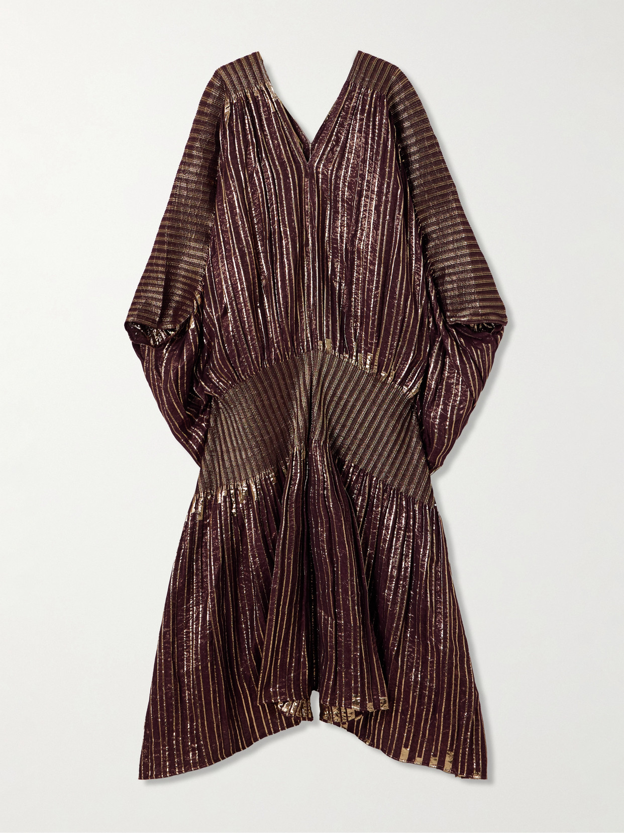 Dima Ayad Striped Metallic Voile And Stretch-knit Kaftan In Burgundy
