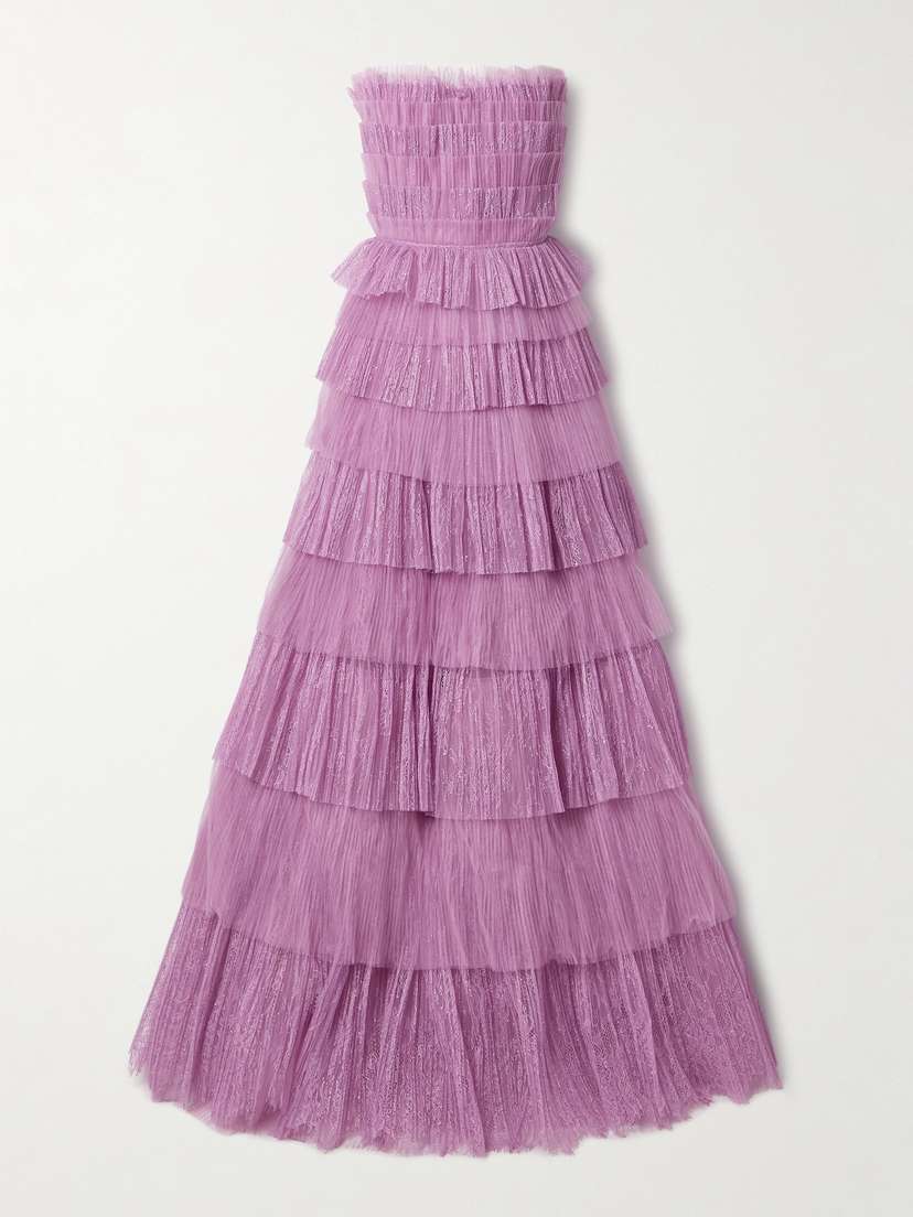 Costarellos Trissa Strapless Tiered Plissé-tulle And Chantilly Lace Gown