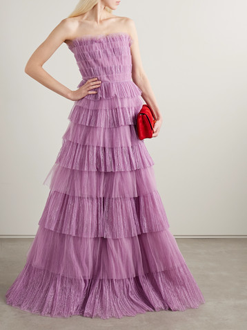 Costarellos Trissa strapless tiered plissé-tulle and Chantilly lace gown