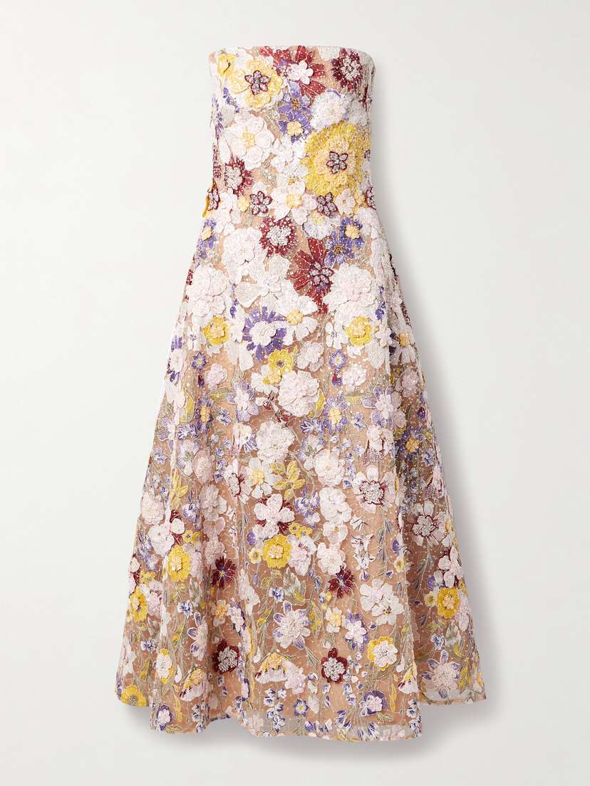 Costarellos Jassa Strapless Embellished Appliquéd Tulle Midi Dress