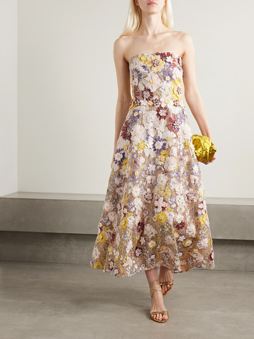 Costarellos Jassa strapless embellished appliquéd tulle midi dress