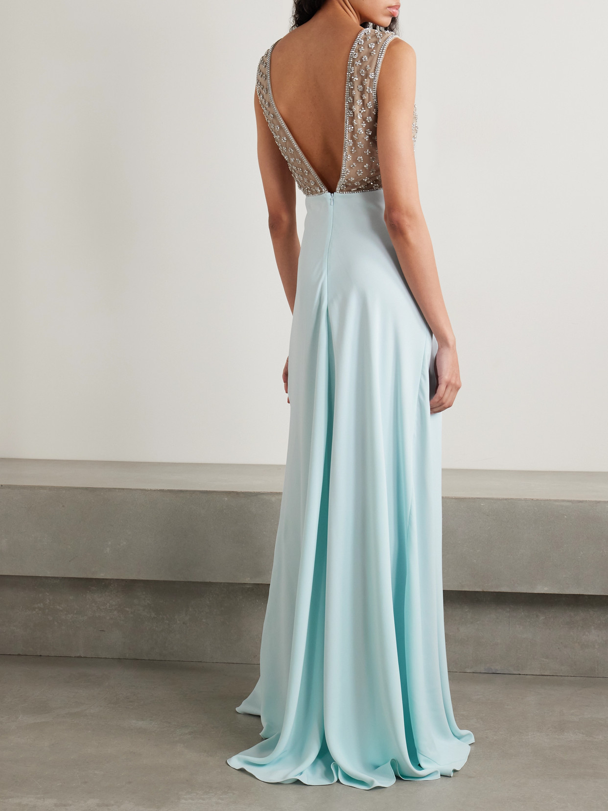COSTARELLOS DANIA CRYSTAL-EMBELLISHED TULLE-TRIMMED CREPE GOWN