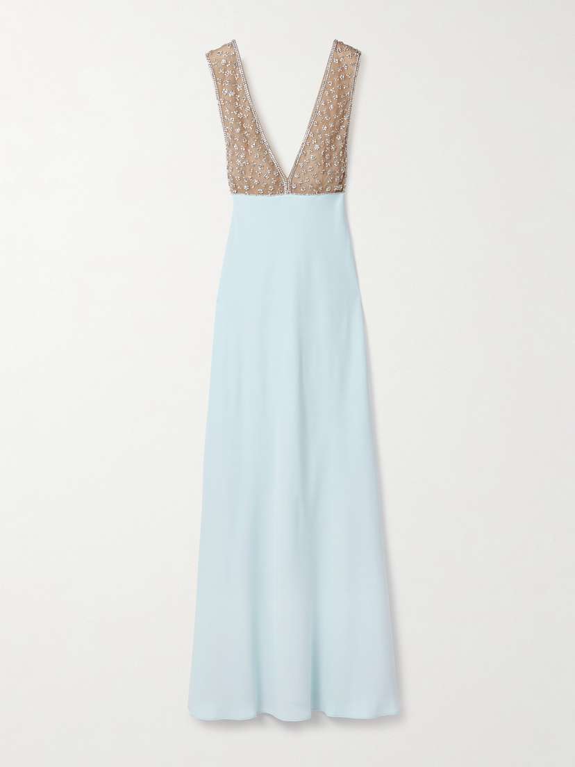 Costarellos Dania Crystal-embellished Tulle-trimmed Crepe Gown