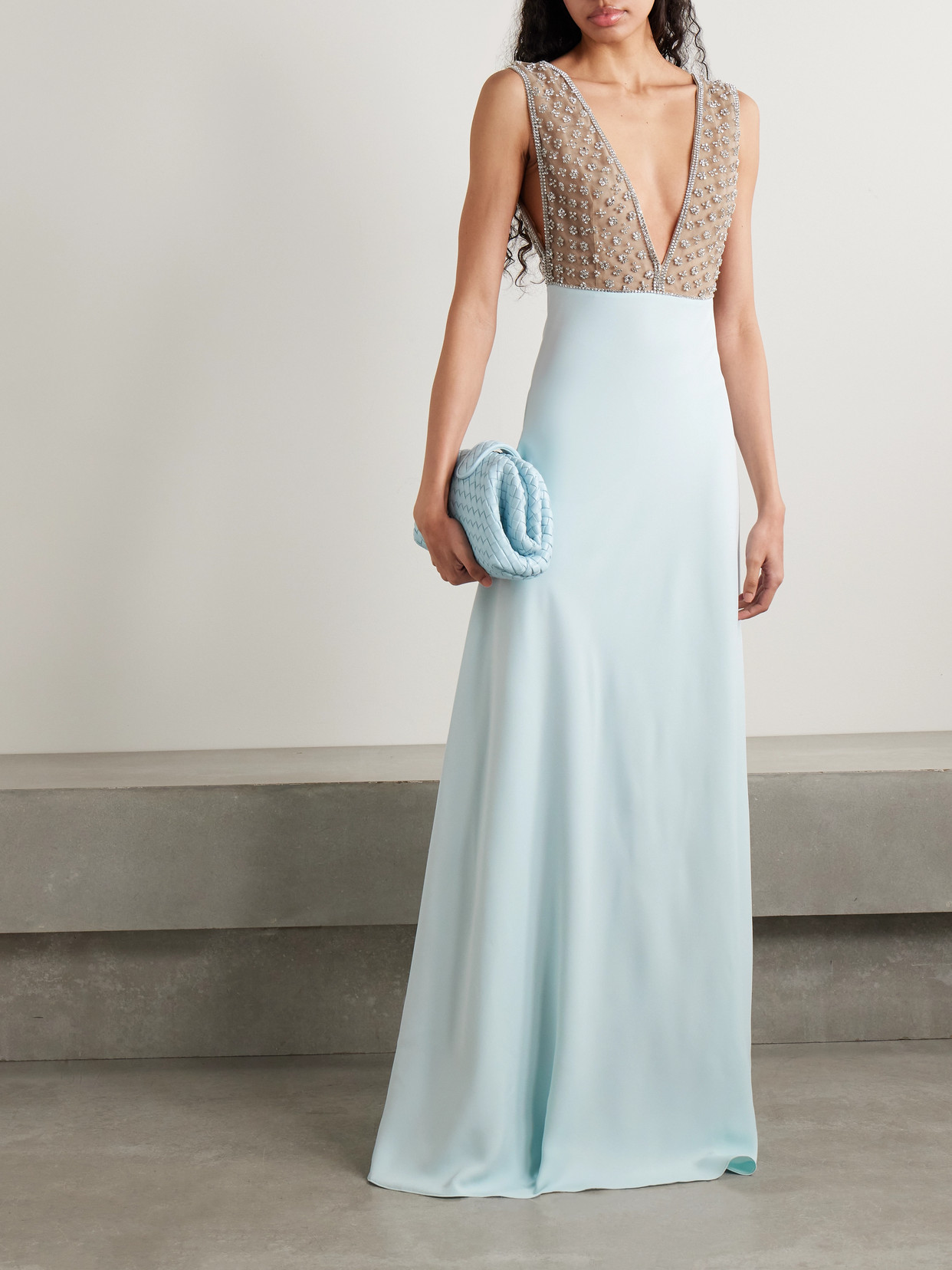 COSTARELLOS DANIA CRYSTAL-EMBELLISHED TULLE-TRIMMED CREPE GOWN