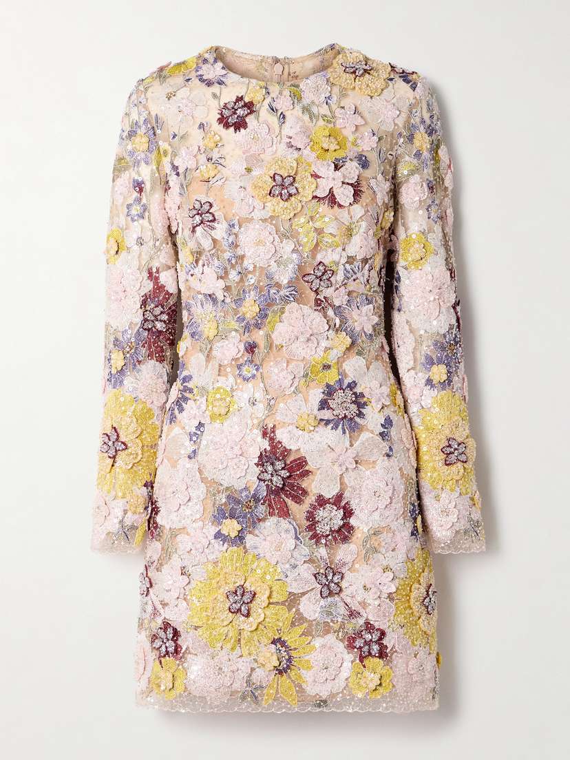 Costarellos Zarina Appliquéd Embellished Embroidered Tulle Mini Dress