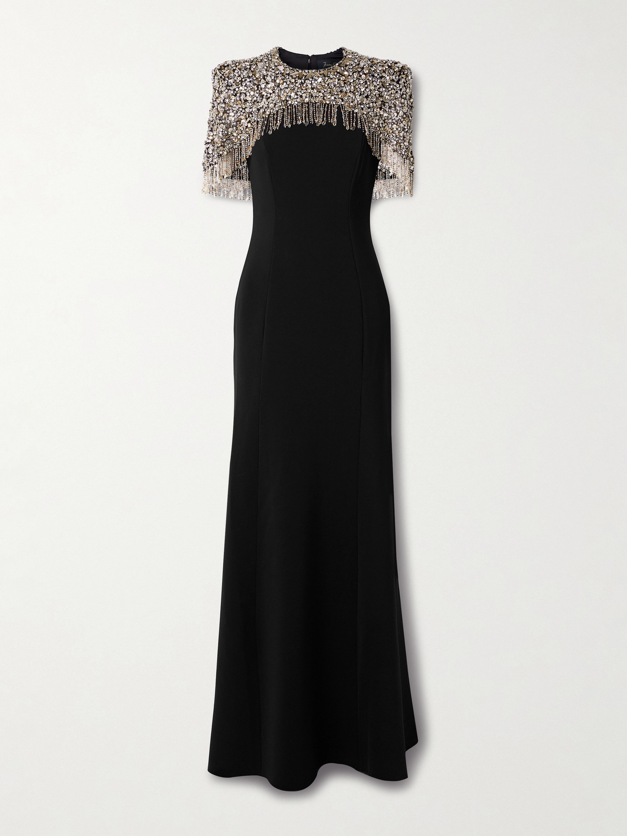 Jenny Packham Rana Cape-effect Fringed Embellished Crepe Gown In Black