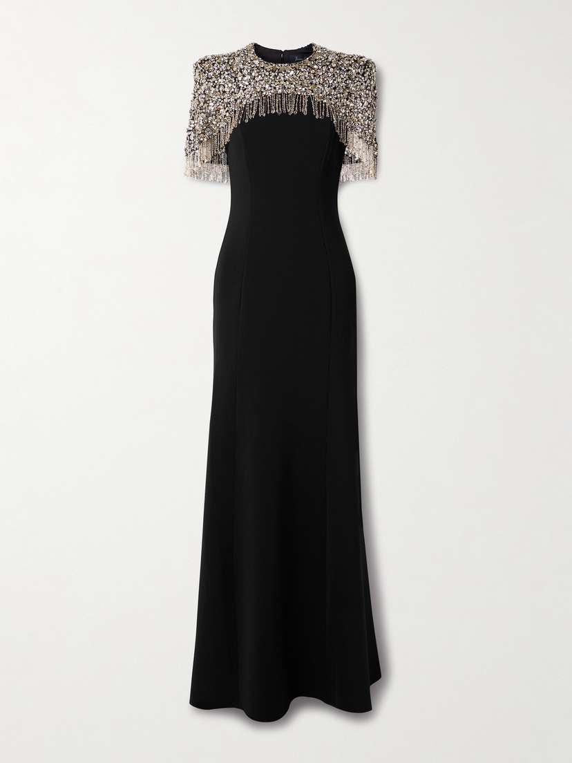 Jenny Packham Rana Cape-effect Fringed Embellished Crepe Gown