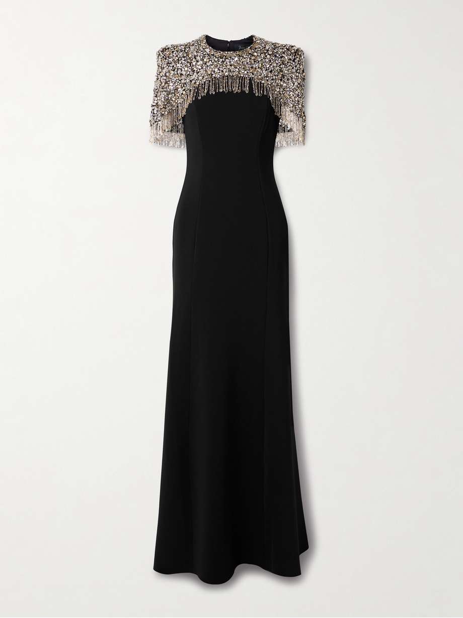 rana cape-effect fringed embellished crepe gown