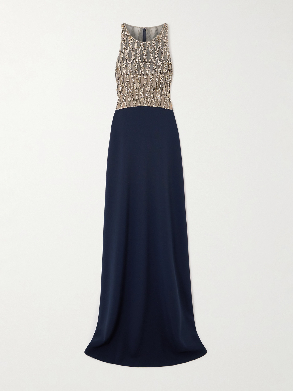 Jenny Packham Dewdrop Crystal-embellished Tulle-trimmed Crepe Gown In Blue
