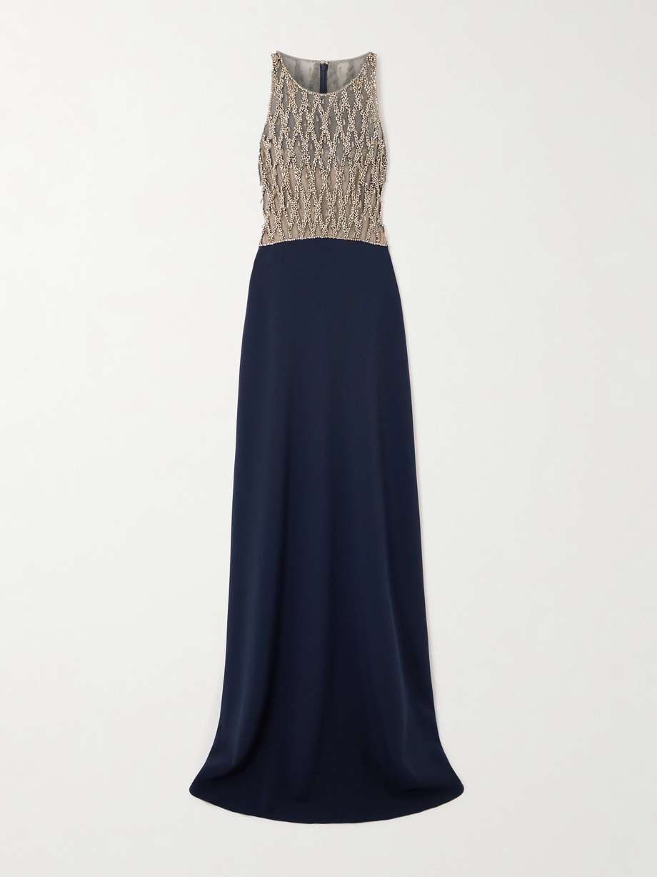 dewdrop crystal-embellished tulle-trimmed crepe gown