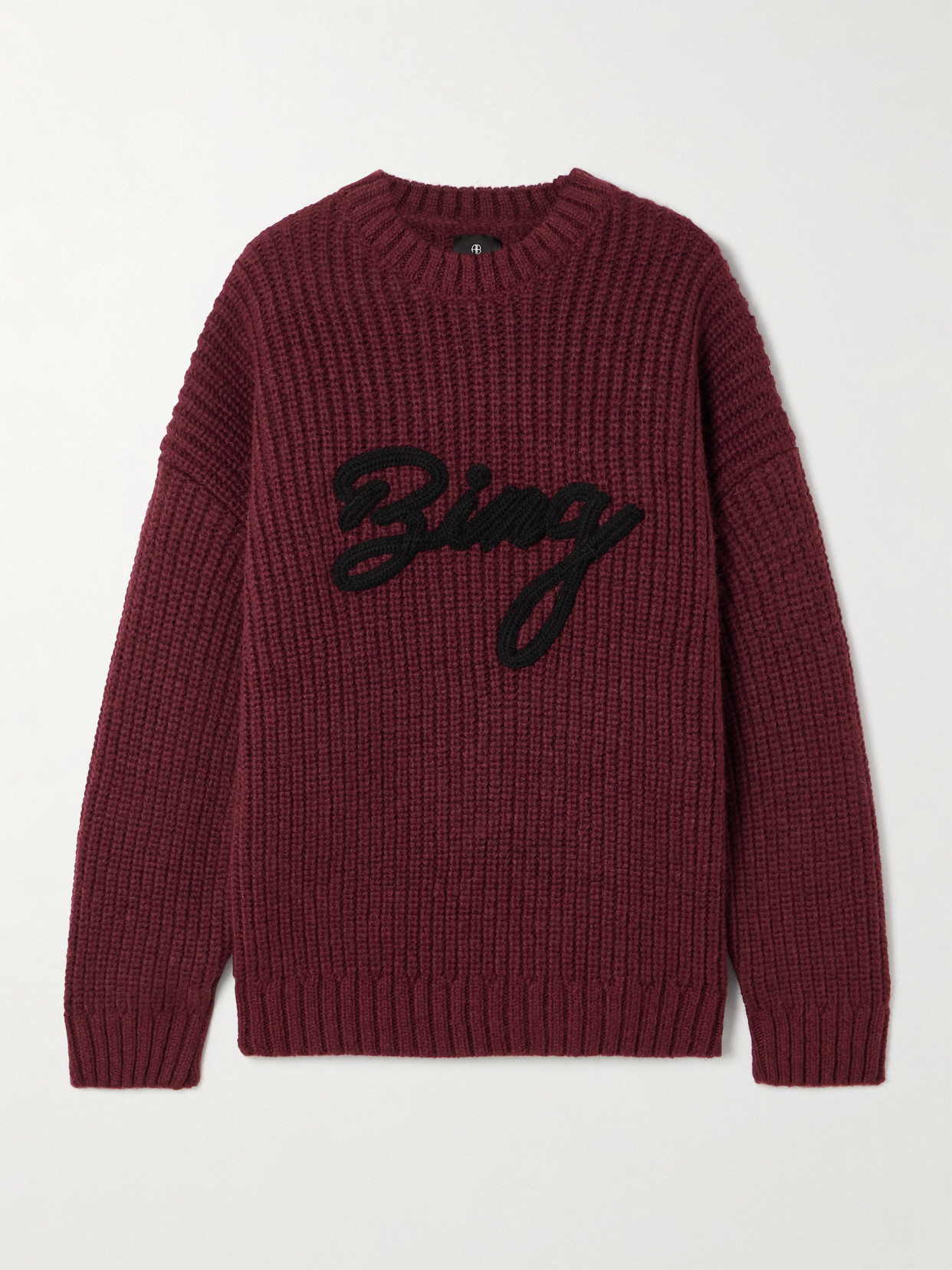 Anine Bing Sydney Logo Wool Blend Rib Knit Sweater In Burgundy