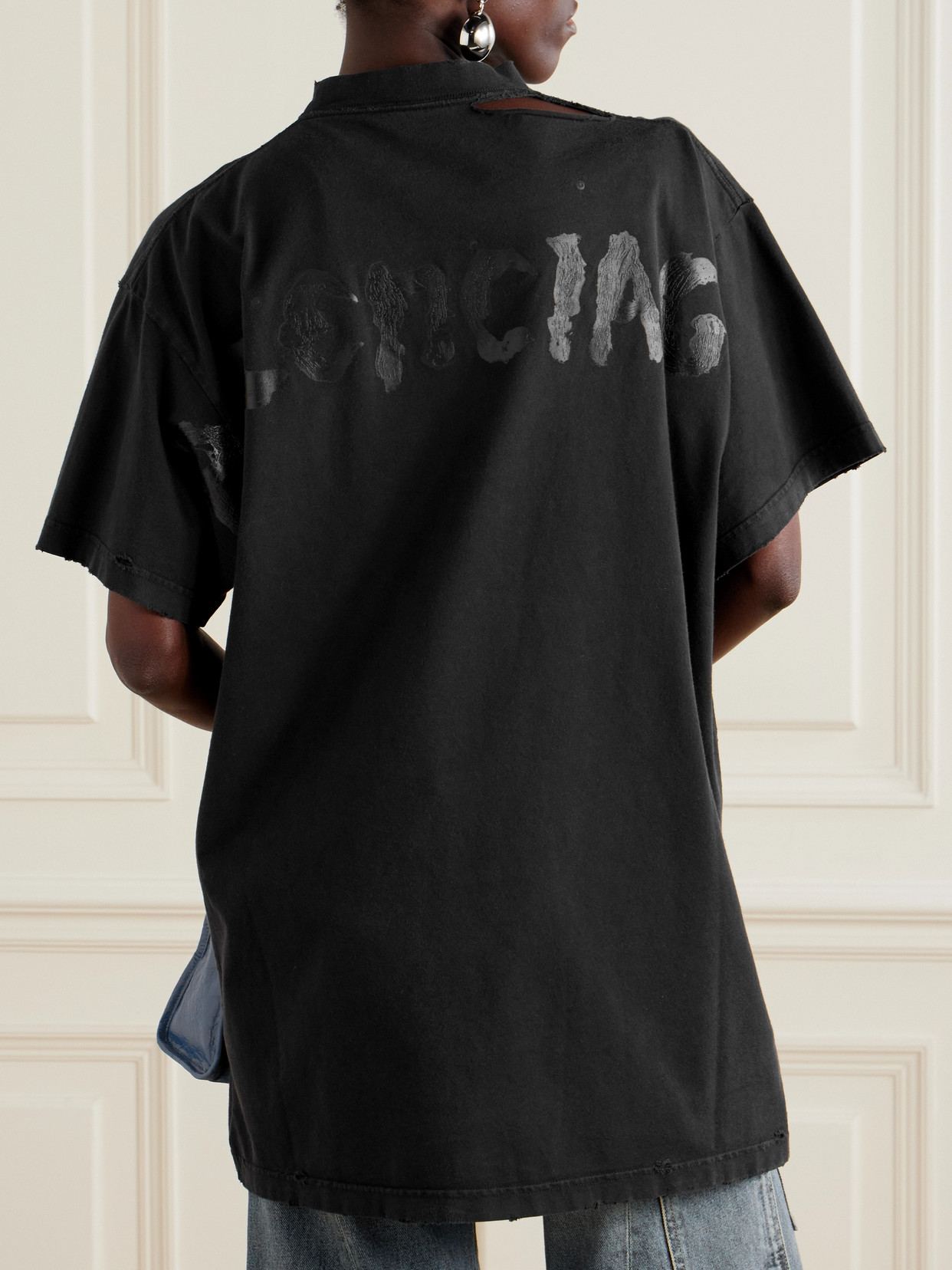 Balenciaga Oversized Distressed Printed Cotton-jersey T-shirt In Black
