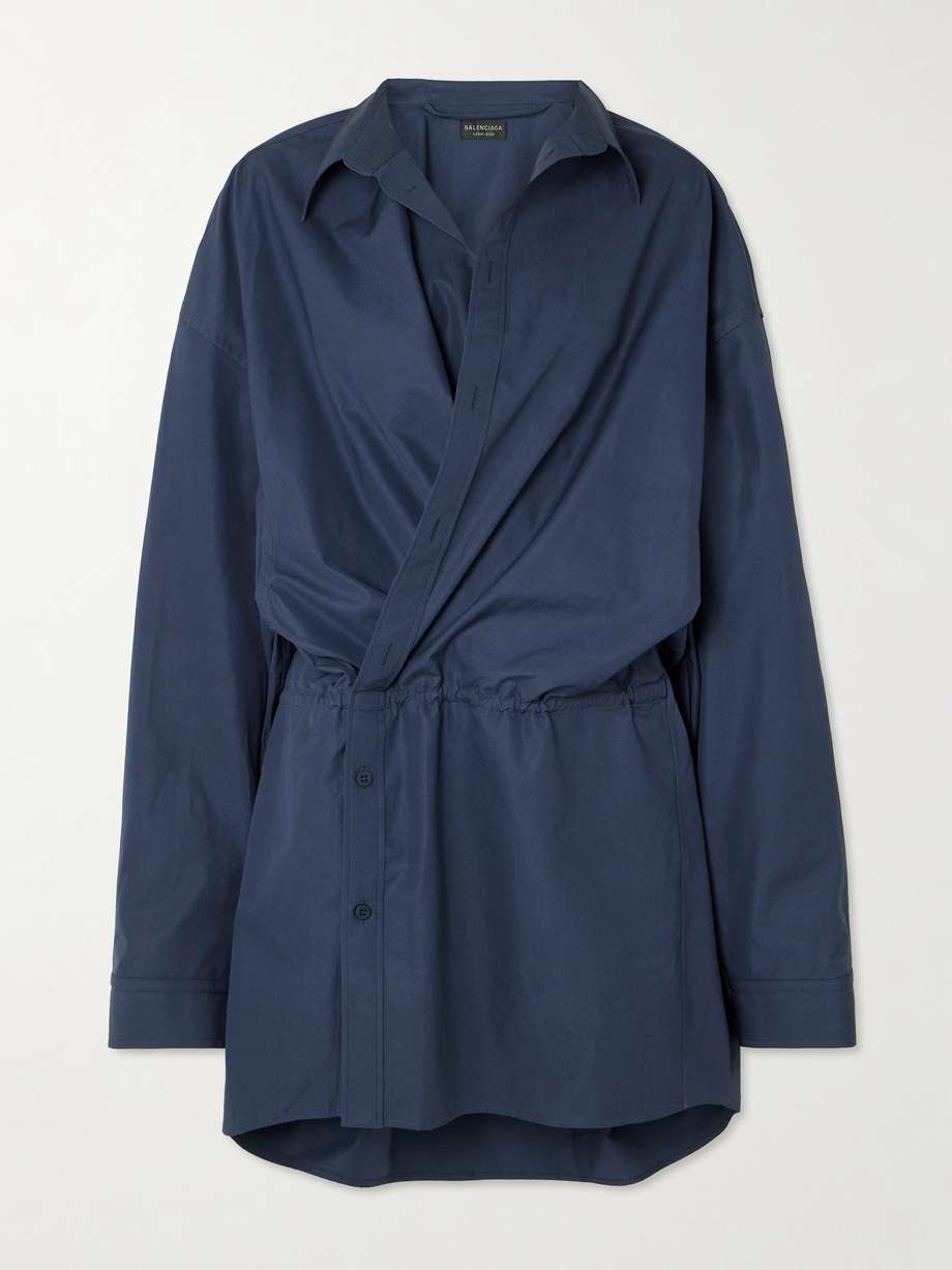 asymmetric gathered cotton-poplin mini shirt dress