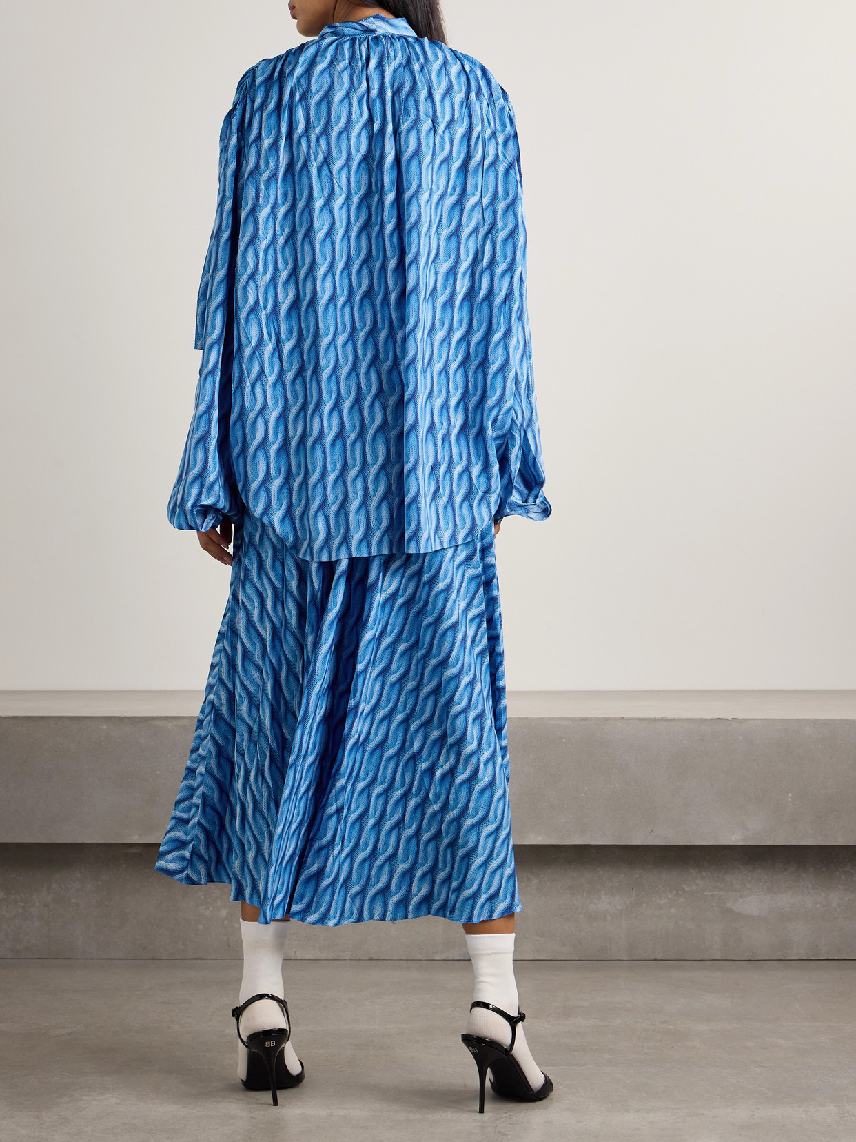 Balenciaga Patterned Drape Midi Dress In Blue