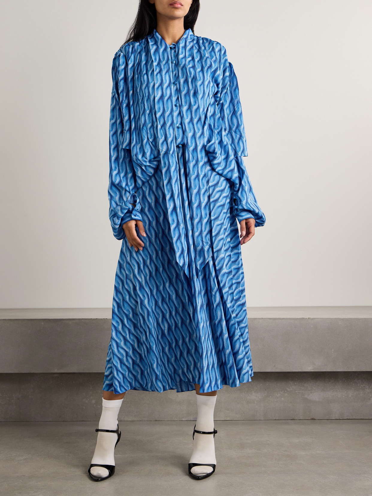 Balenciaga Patterned Drape Midi Dress In Blue