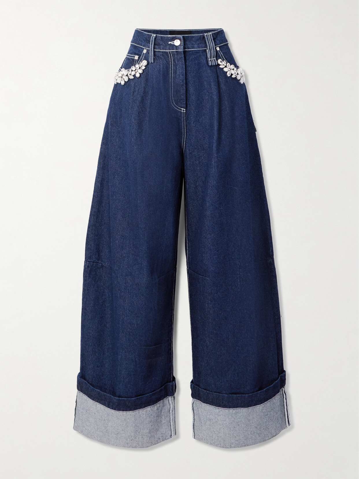 Shop Simone Rocha Crystal-embellished Mid-rise Wide-leg Jeans In Blue