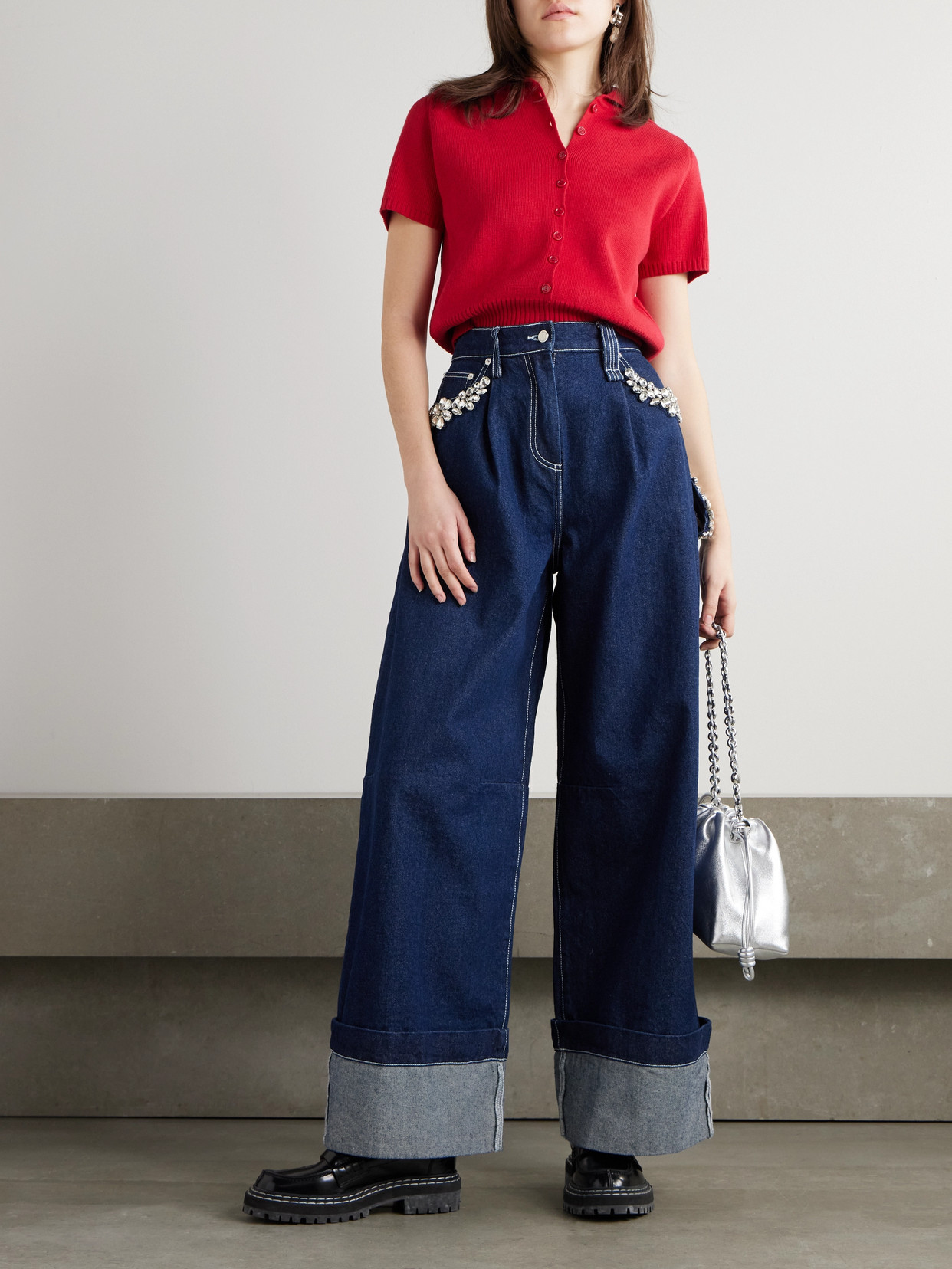 SIMONE ROCHA CRYSTAL-EMBELLISHED MID-RISE WIDE-LEG JEANS
