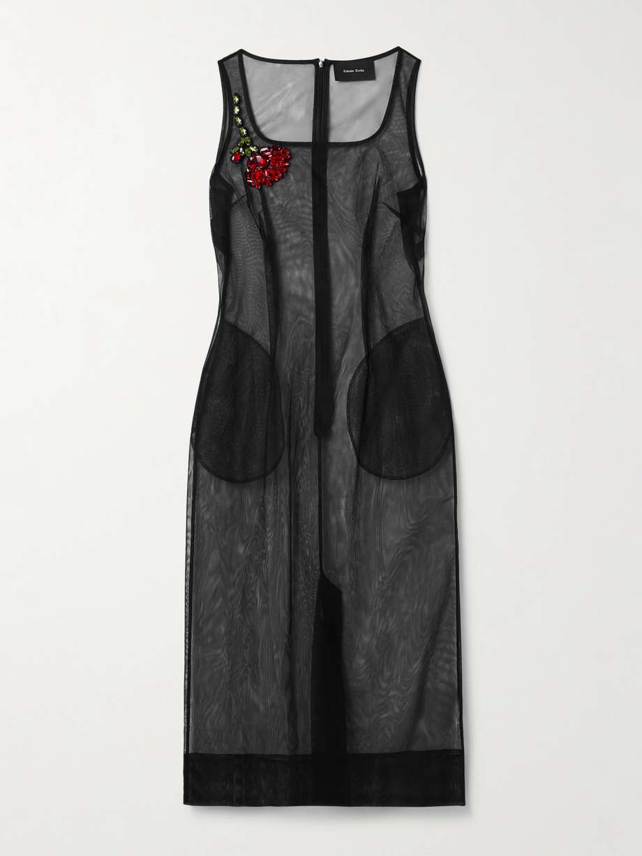 crystal-embellished mesh midi dress