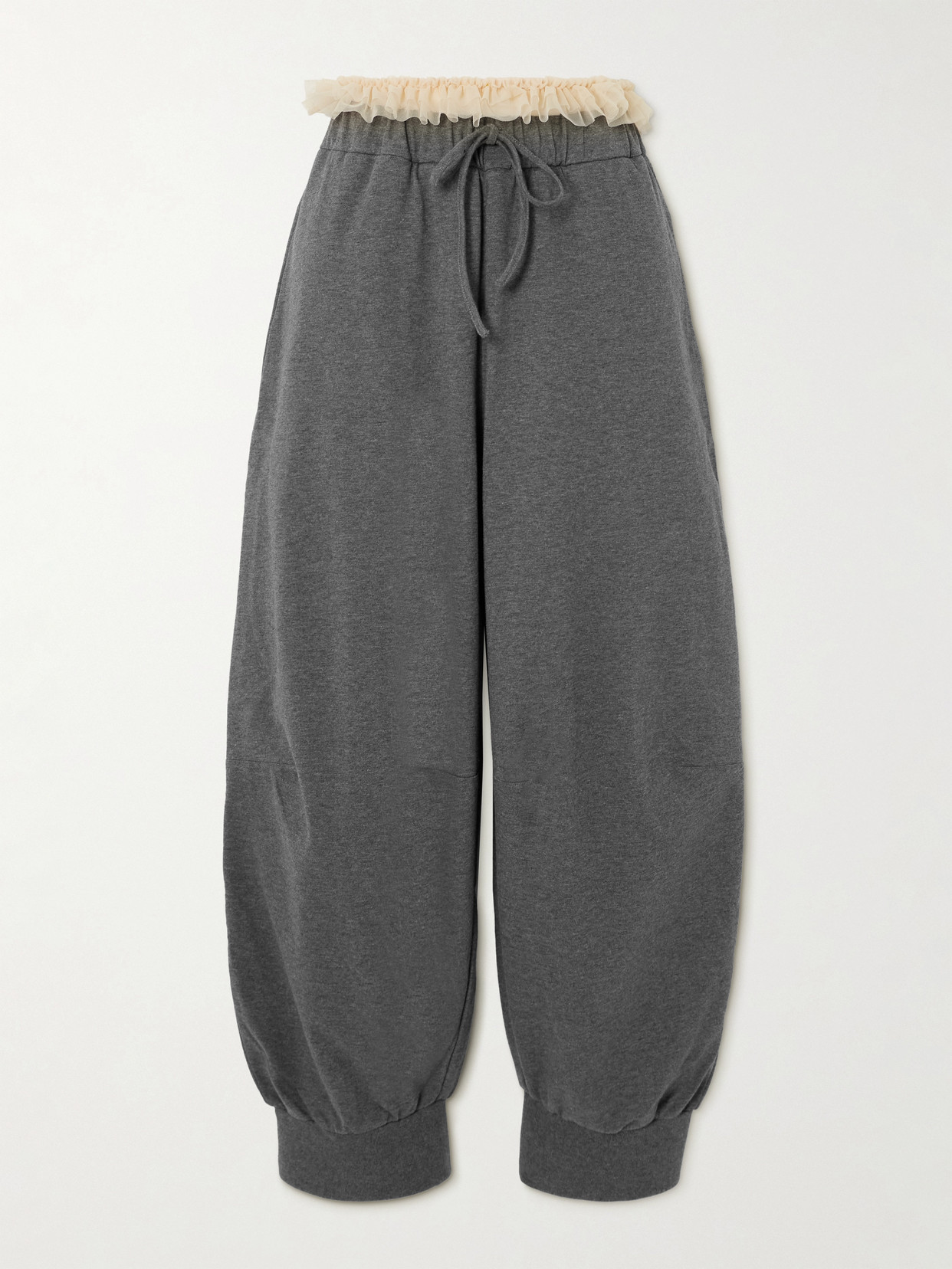 Simone Rocha Ruffled Tulle-trimmed Cotton-jersey Track Pants In Gray