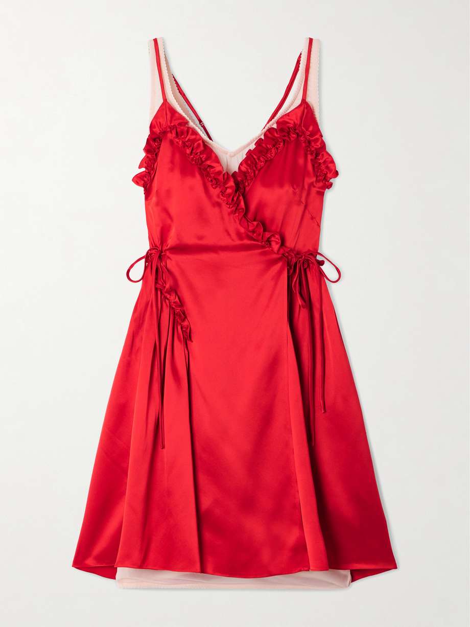 ruffled pleated jersey-trimmed silk-satin mini dress