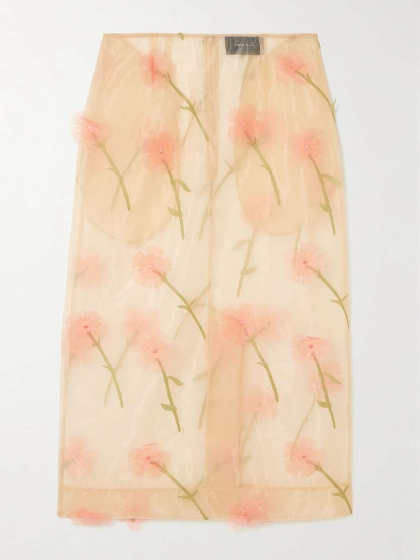 Simone Rocha Embroidered Appliquéd Organza Midi Skirt