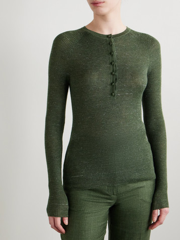 Gabriela Hearst Anges ribbed-knit cashmere, silk and hemp-blend Henley top