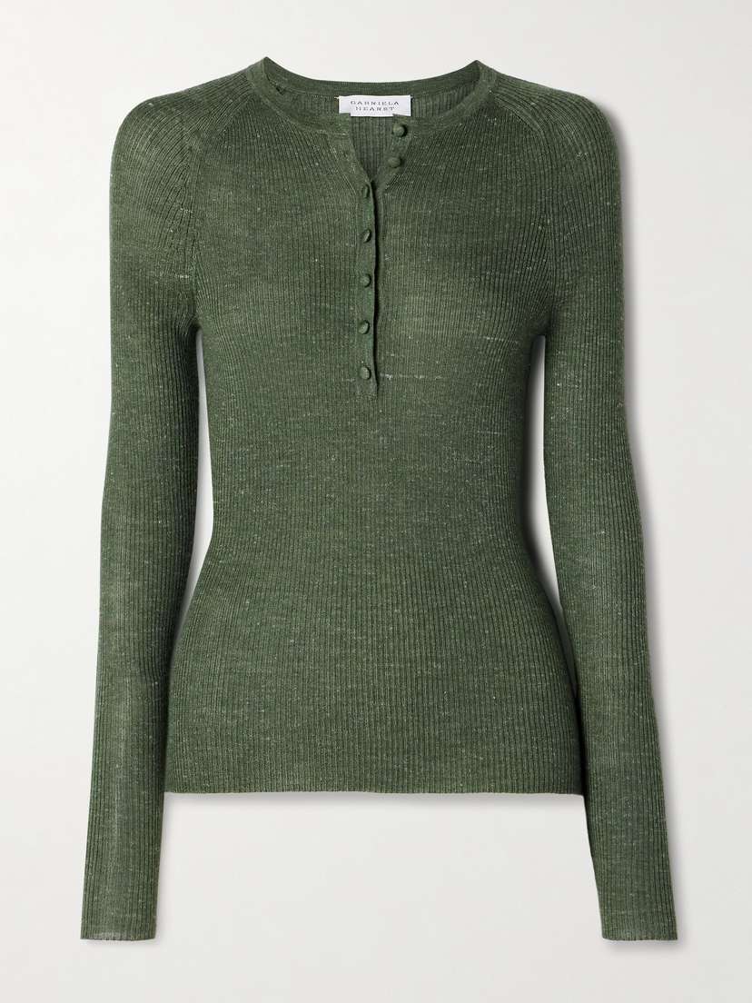 Gabriela Hearst Anges Ribbed-knit Cashmere, Silk And Hemp-blend Henley Top
