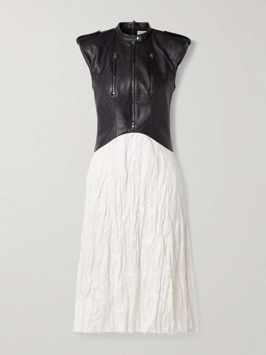 athena paneled leather and crinkled silk-blend twill midi dress