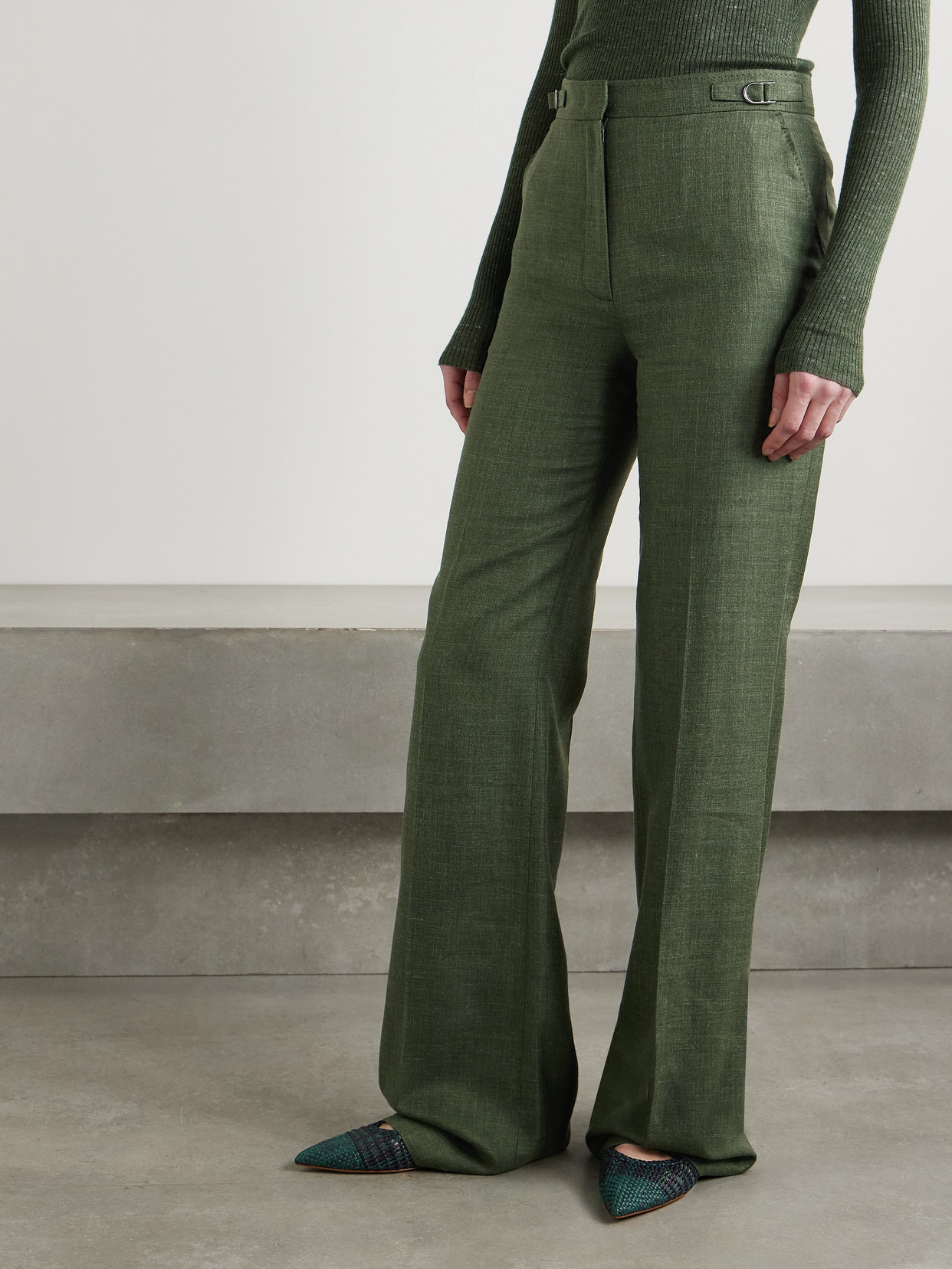 Gabriela Hearst Vesta Wool, Silk And Linen-blend Flared Pants In Green