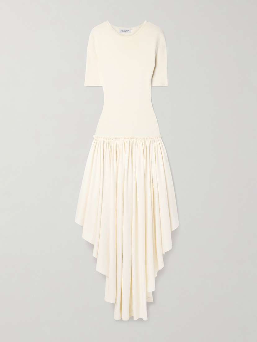 Gabriela Hearst Sirona Paneled Gathered Wool, Silk And Linen-blend Twill And Silk-jersey Maxi Dress