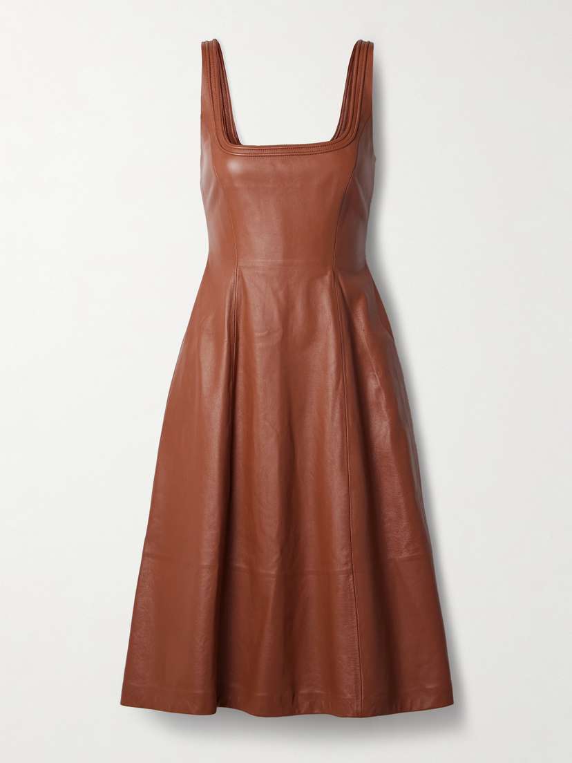 Gabriela Hearst Adaline Pleated Leather Midi Dress