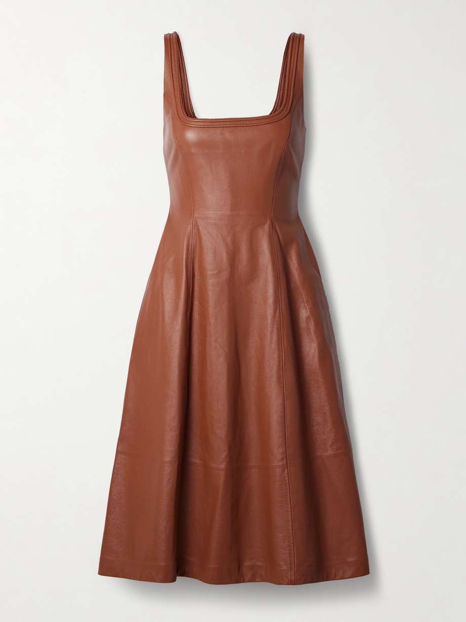 adaline pleated leather midi dress