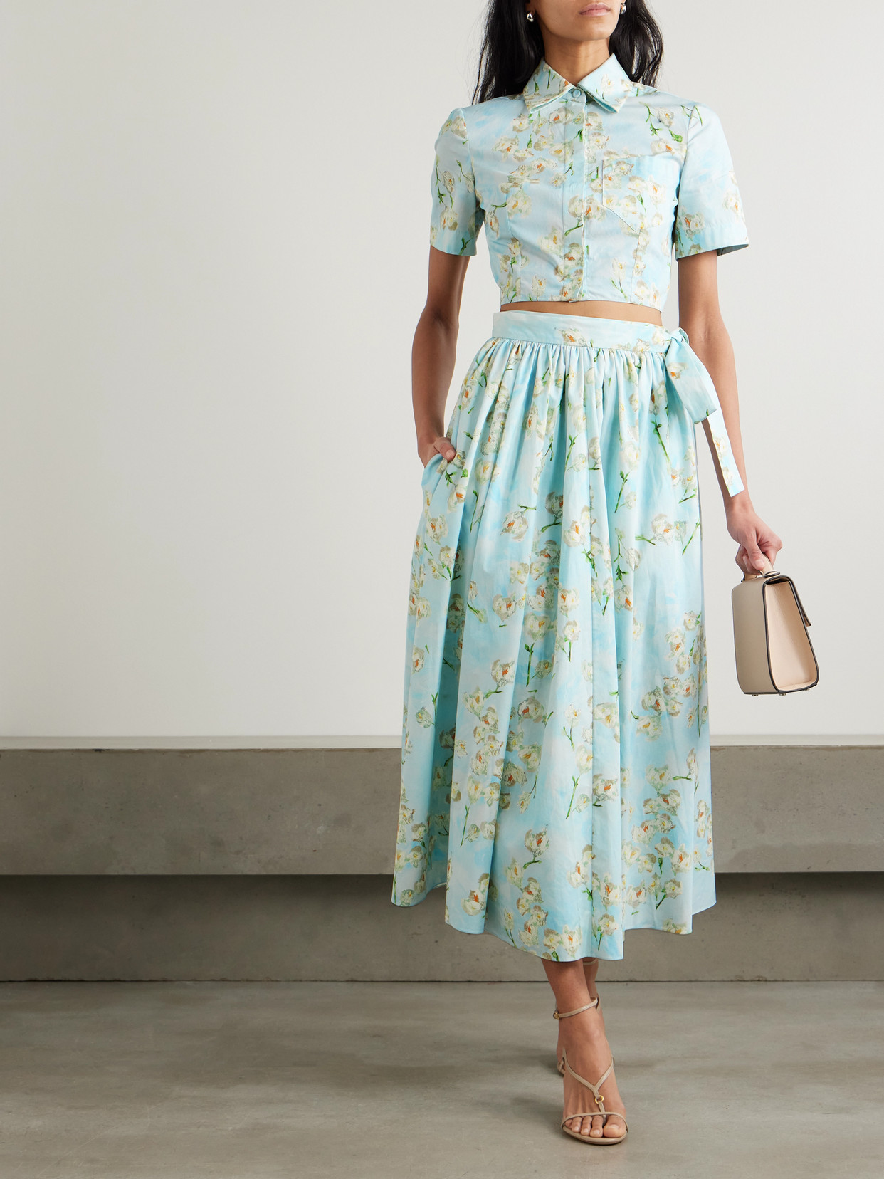 Emilia Wickstead Evelyna Pleated Floral-print Cotton-poplin Midi Wrap Skirt In Blue