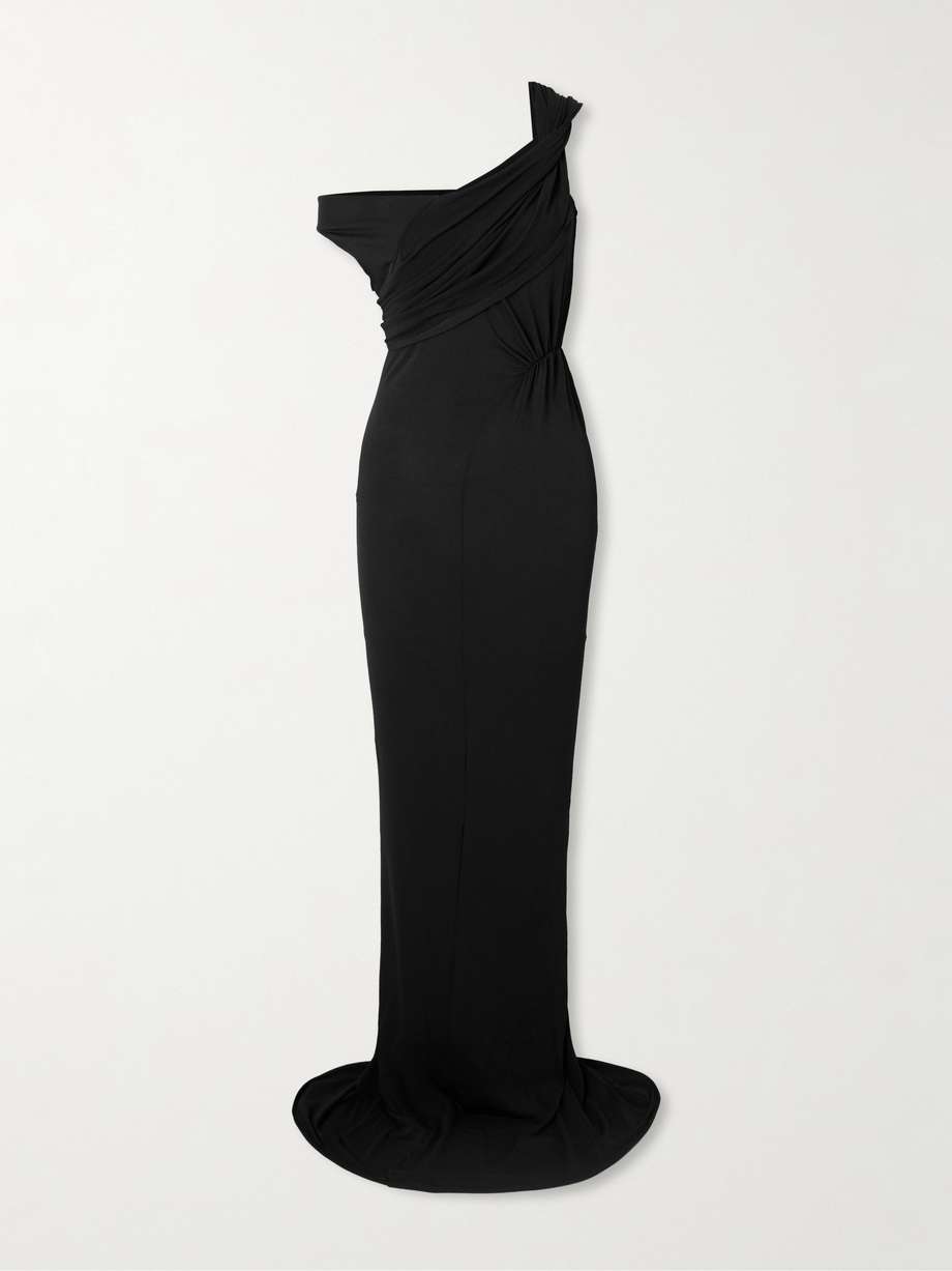 sahara asymmetric paneled gathered jersey gown