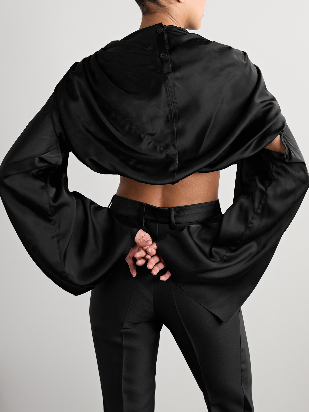 Rick Owens Claudette Cropped Draped Charmeuse Top In Black
