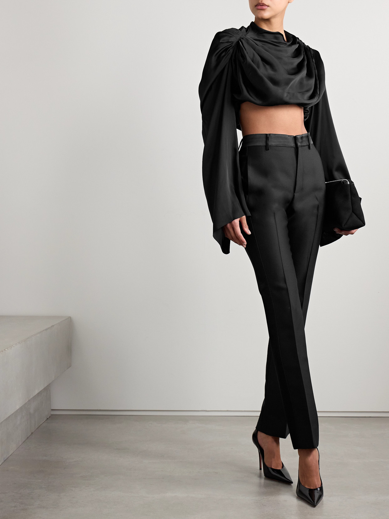 Rick Owens Claudette Cropped Draped Charmeuse Top In Black