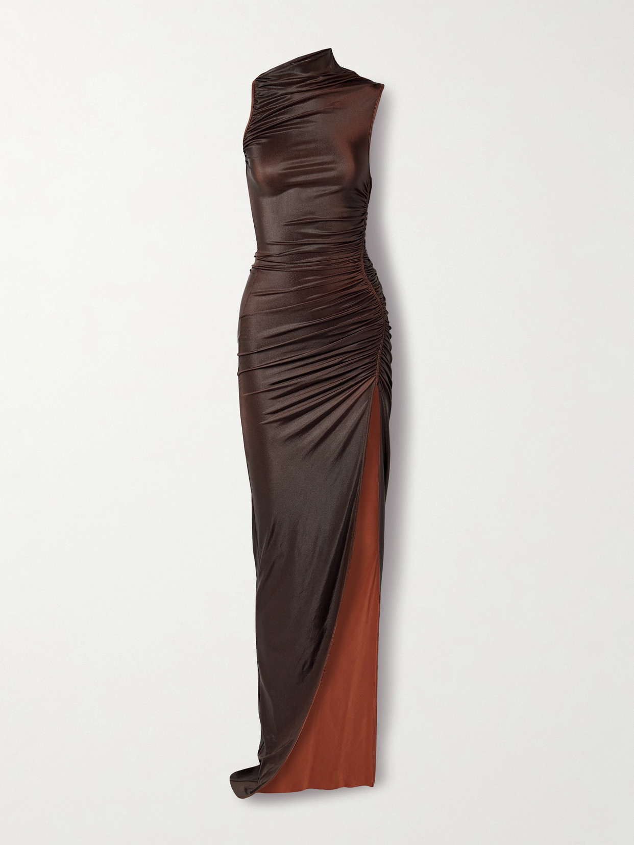 Rick Owens Svita Ruched Coated-jersey Maxi Dress In Metallic