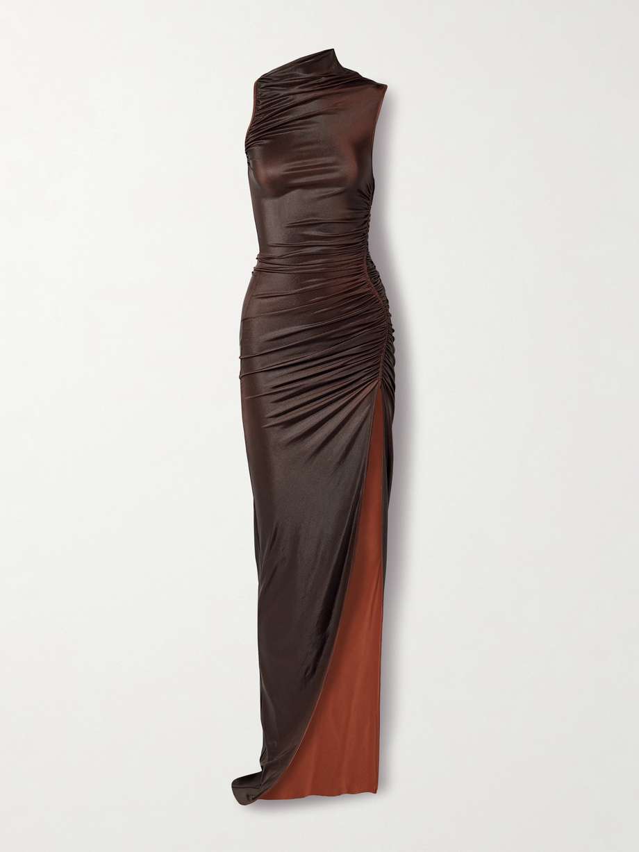 svita ruched coated-jersey maxi dress