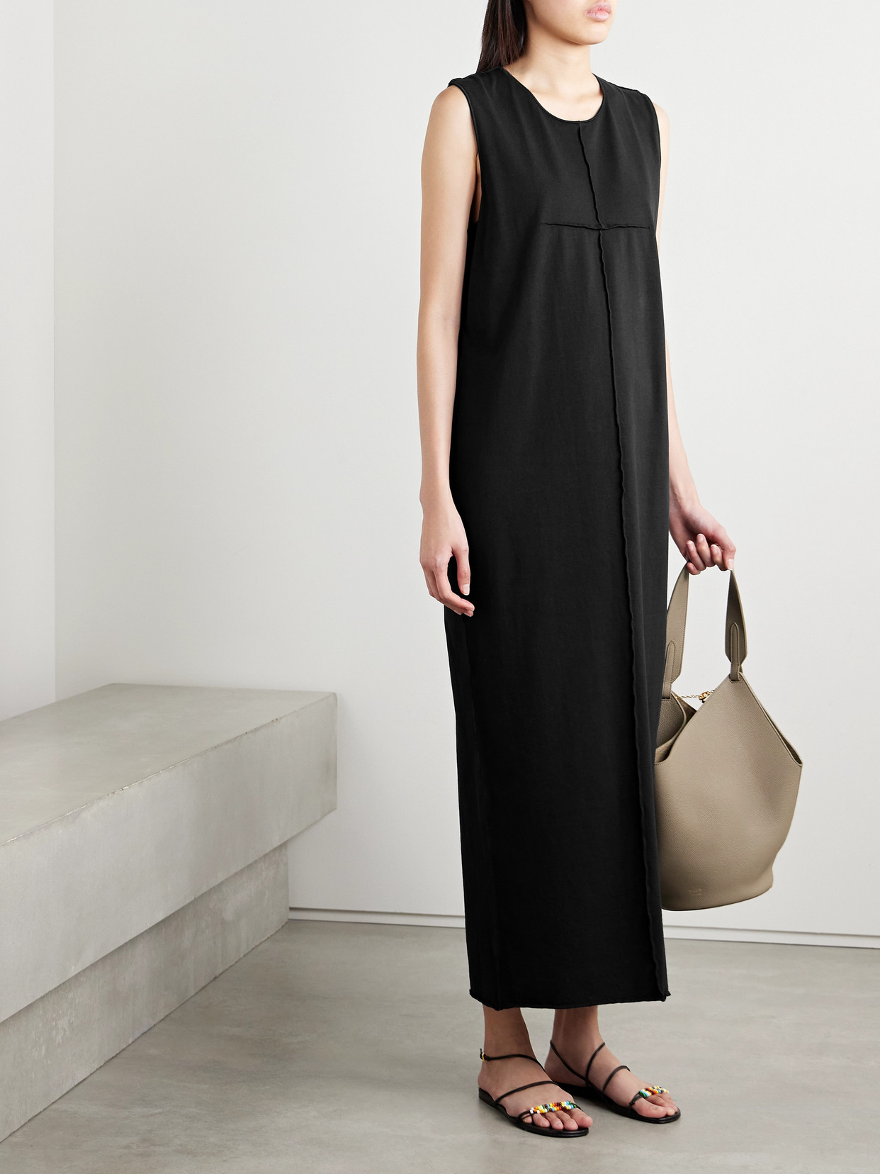 Khaite Hal Paneled Cotton-jersey Midi Dress In Black